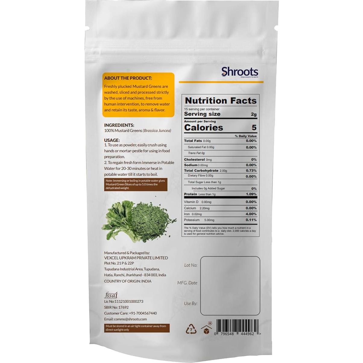 Hojas Verdes de Mostaza Deshidratadas SHROOTS 30 g Sin Gluten