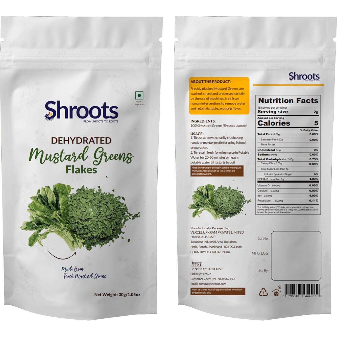 Hojas Verdes de Mostaza Deshidratadas SHROOTS 30 g Sin Gluten