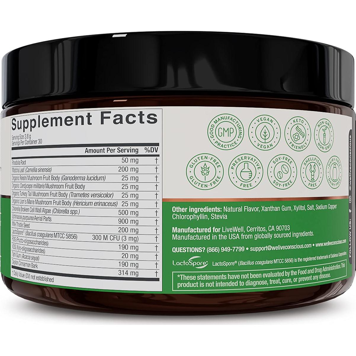 Polvo de Superalimento Live Conscious Más Allá de los Verdes 180g - Mezcla de Matcha, Clorela y Probioticos