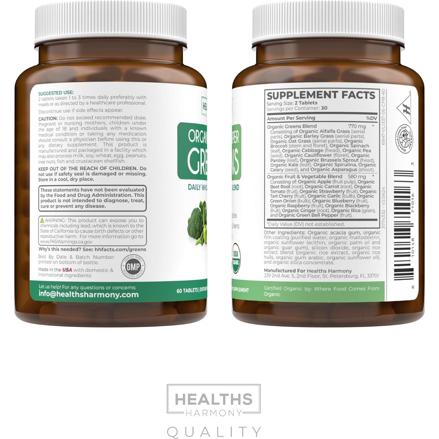 Suplemento Orgánico de Super Verdes Healths Harmony 60 Tabletas