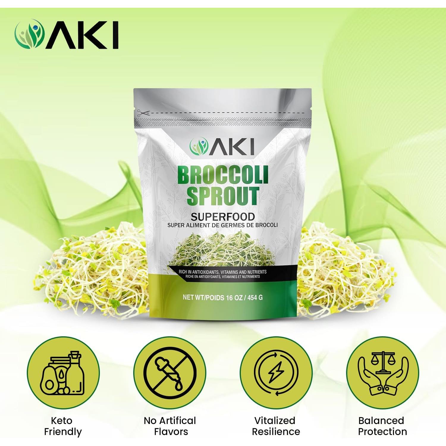 Polvo de Brote de Brócoli AKI 454g - Superalimento Vegano No GMO