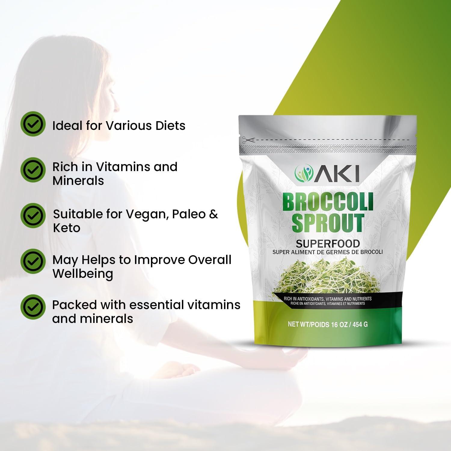 Polvo de Brote de Brócoli AKI 454g - Superalimento Vegano No GMO