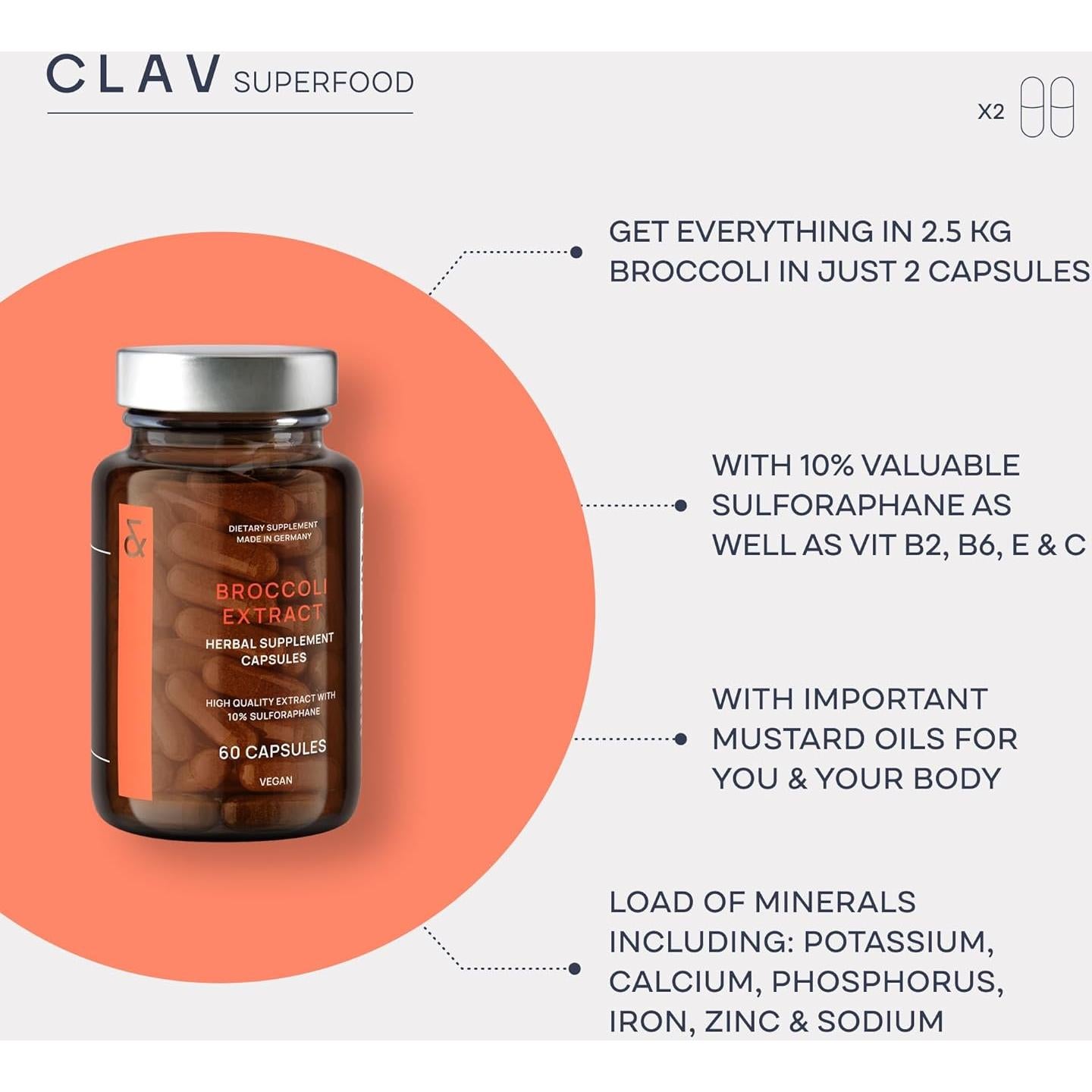 Cápsulas de Extracto de Brócoli CLAV - 100mg Sulforafano - 60 Unidades