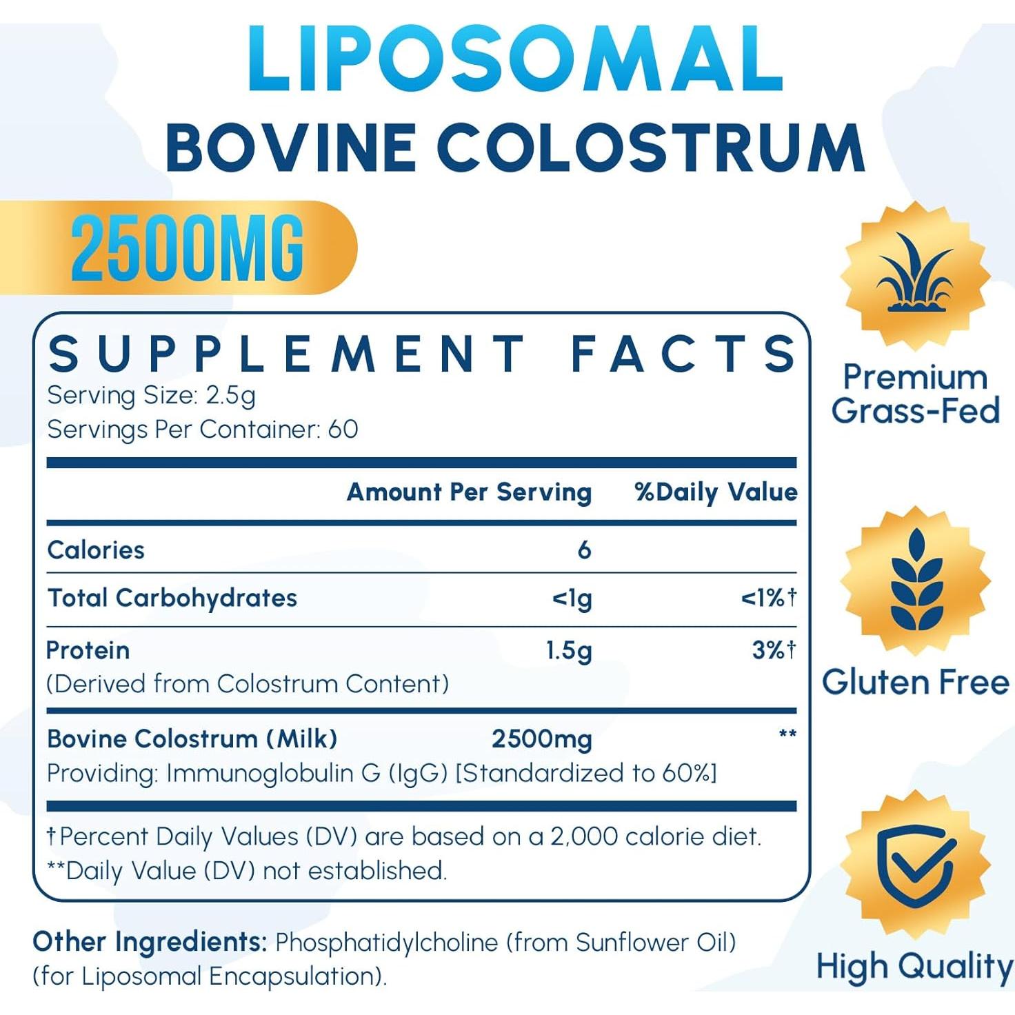 Suplemento de Calostro Bovino Liposomal 2500 mg - 60 Porciones