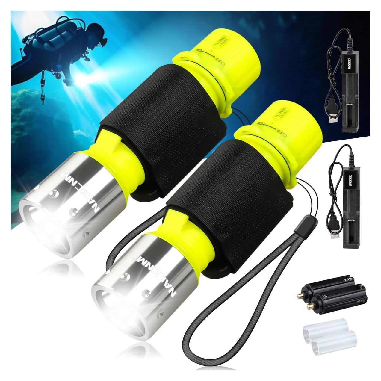 Linterna de Buceo Recargable NAKCNM IPX8 1200 Lúmenes 2 Pzs