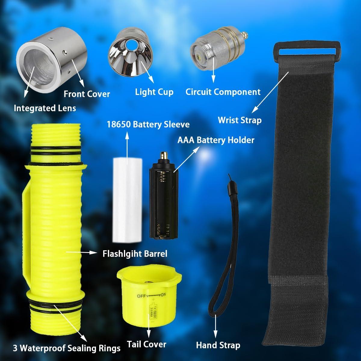 Linterna de Buceo Recargable NAKCNM IPX8 1200 Lúmenes 2 Pzs