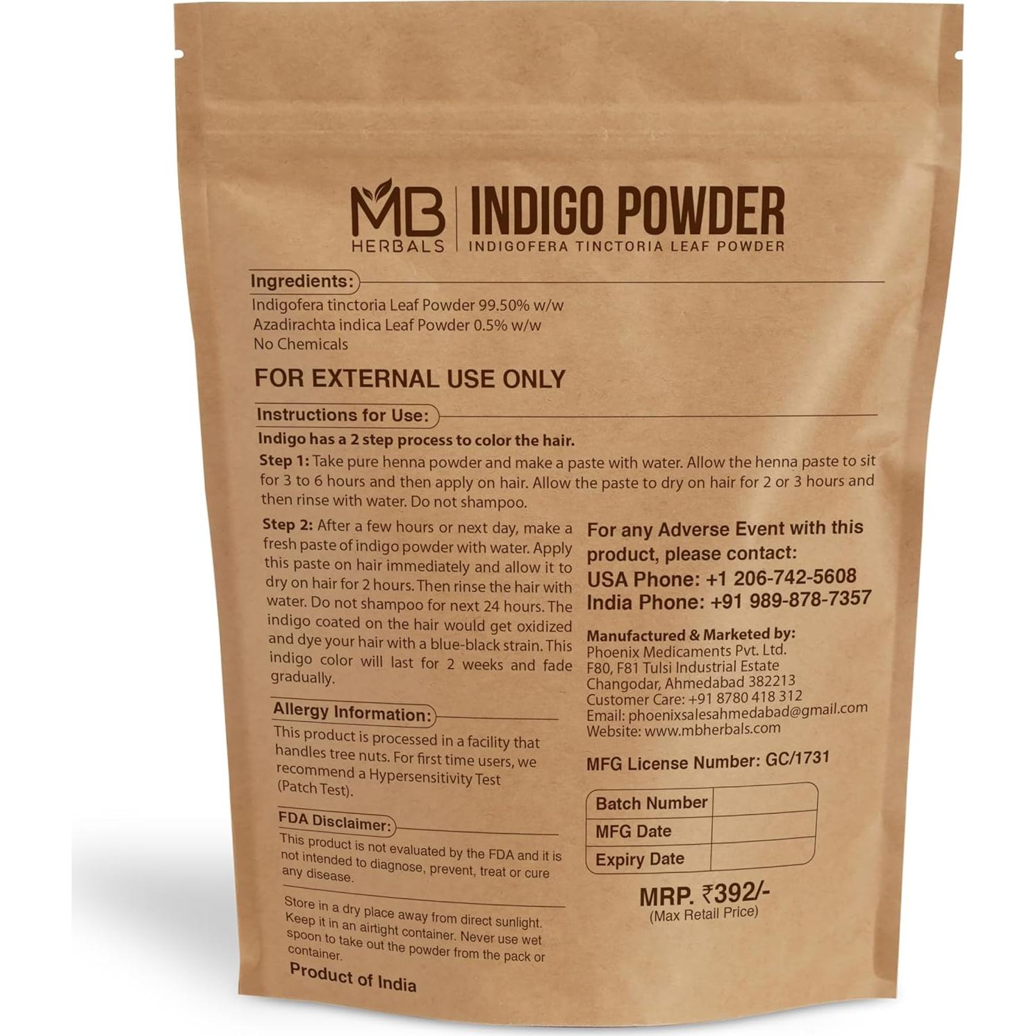 Polvo de Índigo MB Herbals 227g 100% Puro Natural Verde