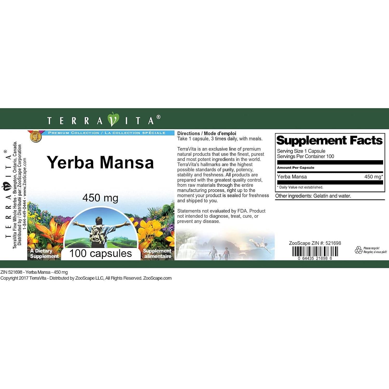 Yerba Mansa 450 mg TerraVita 100 Cápsulas Sin Rellenos