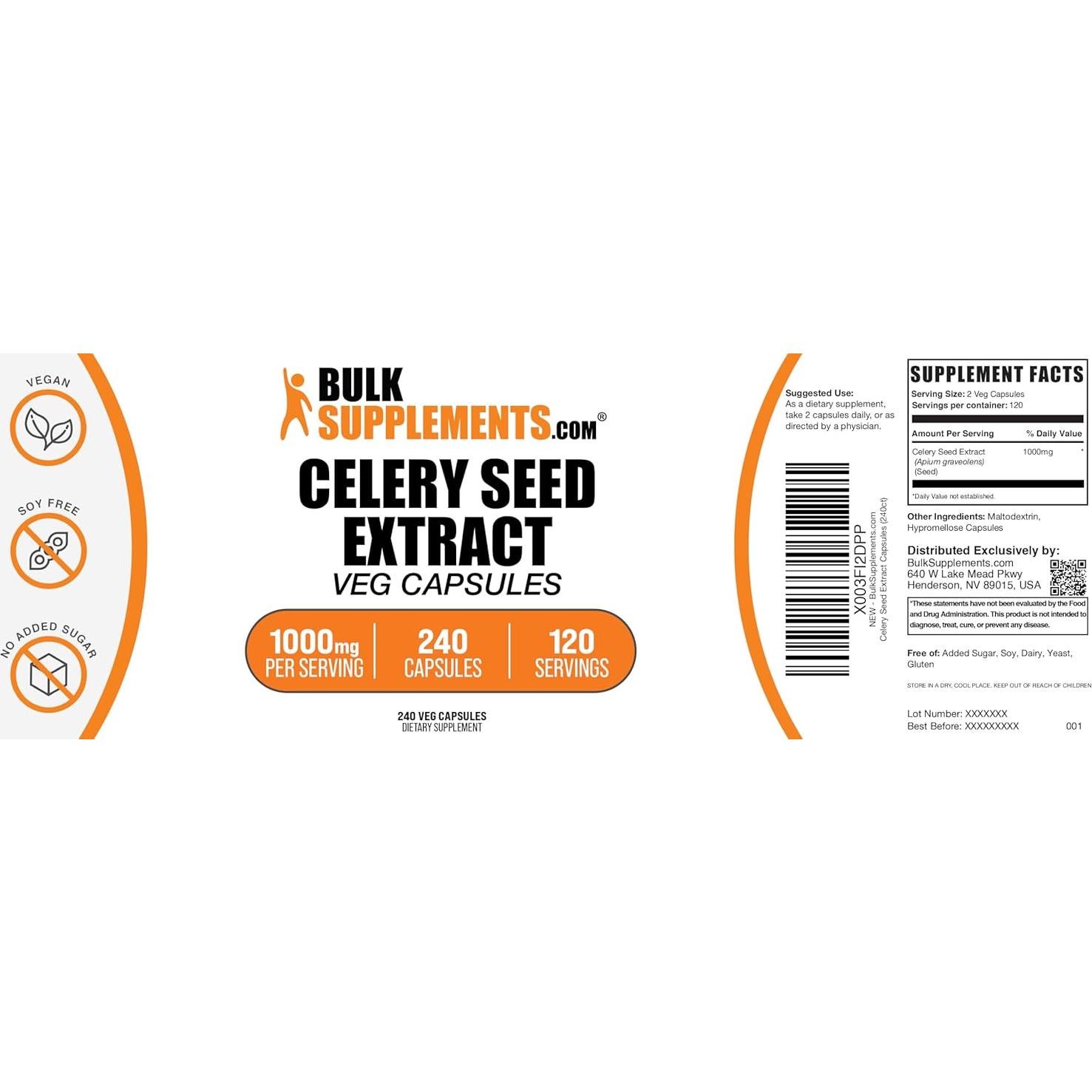 Cápsulas de Semilla de Apio BulkSupplements 1500mg - 240 Veganas