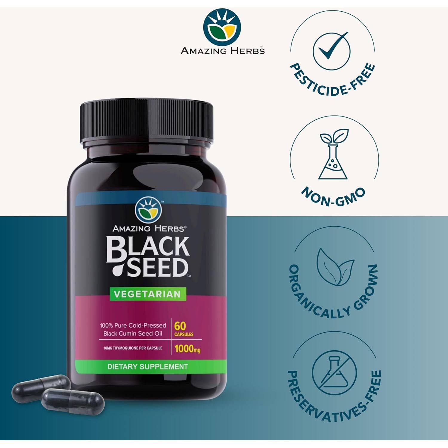 Cápsulas de Aceite de Semilla Negra Amazing Herbs 1000 mg - 60 Unidades