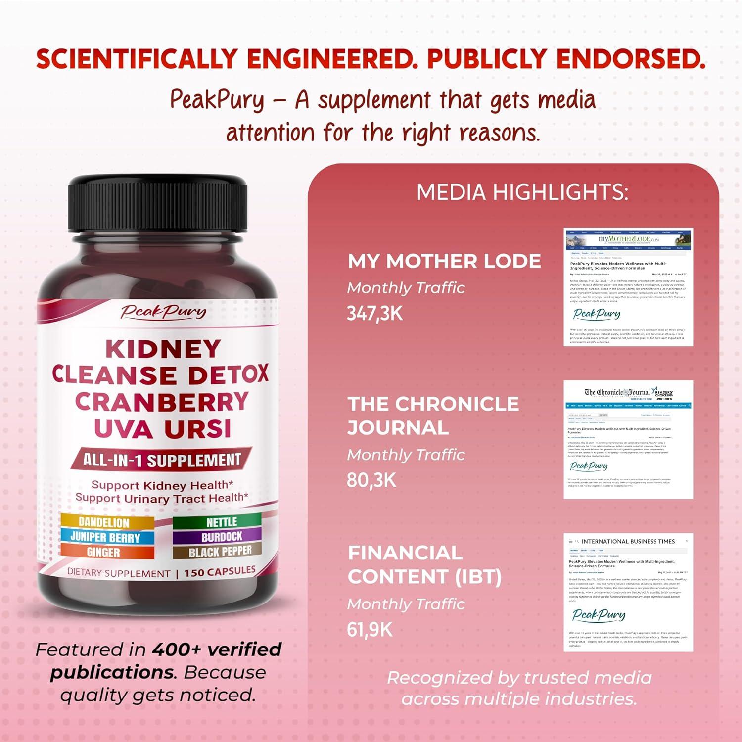 Suplemento Detox de Riñones PeakPury 150 Cápsulas - Arándano, Uva Ursi, Diente de León