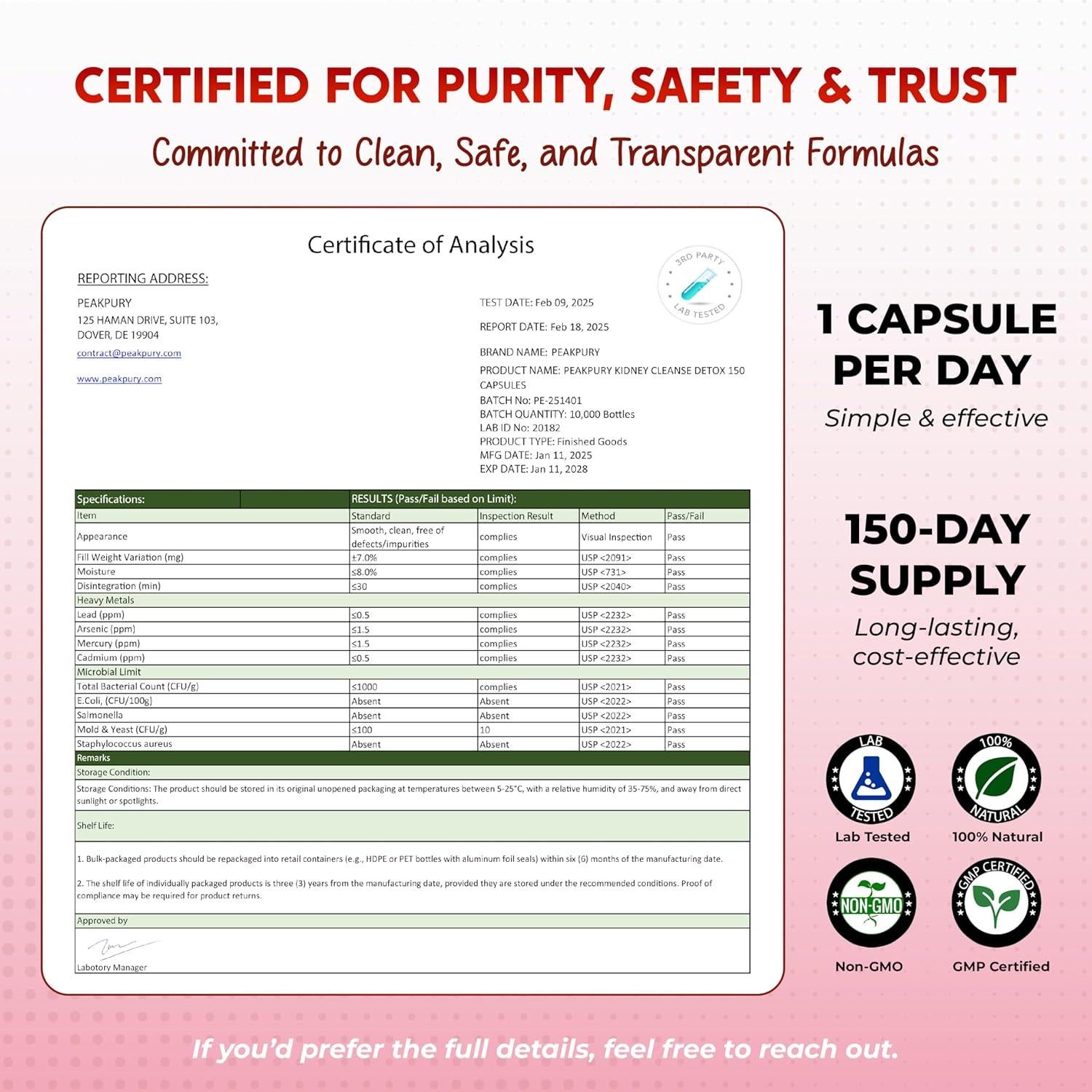 Suplemento Detox de Riñones PeakPury 150 Cápsulas - Arándano, Uva Ursi, Diente de León