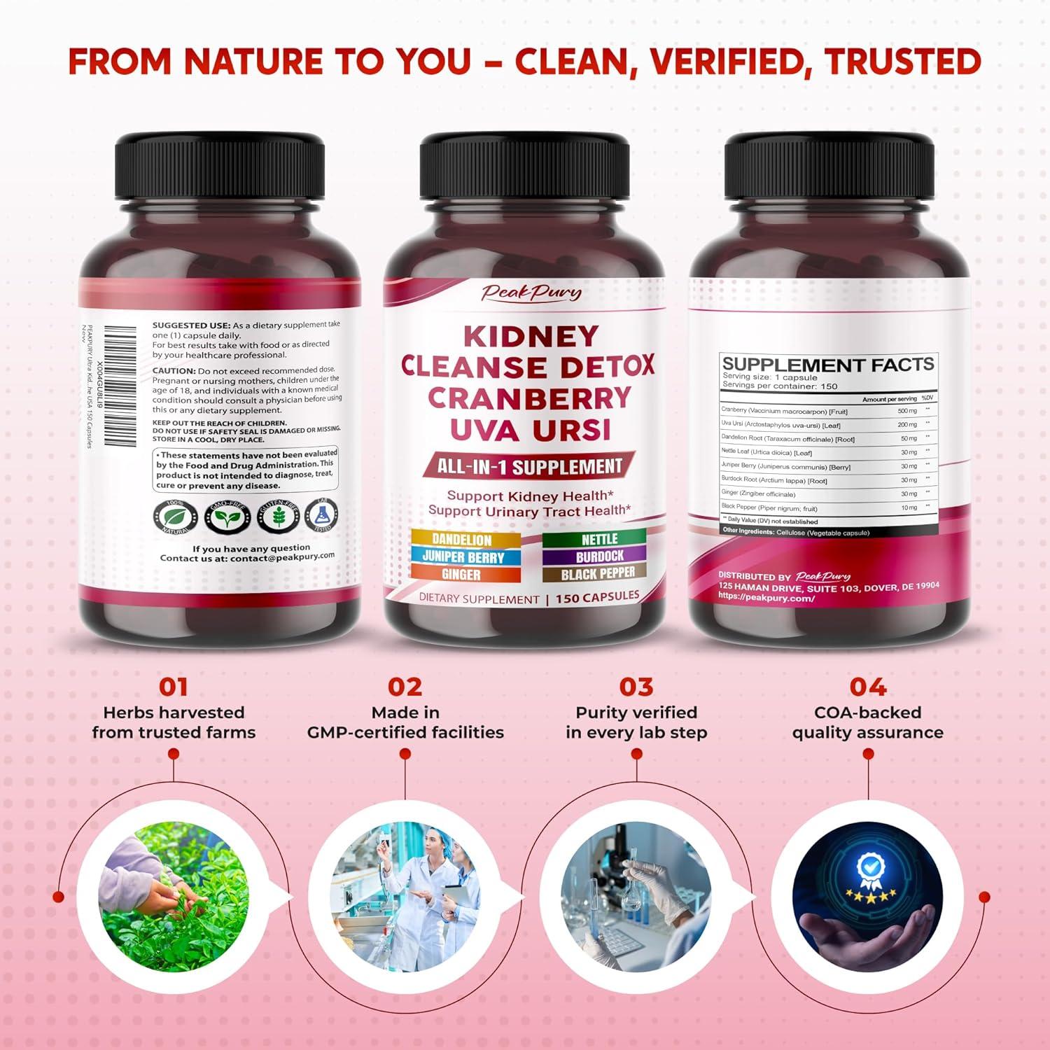 Suplemento Detox de Riñones PeakPury 150 Cápsulas - Arándano, Uva Ursi, Diente de León