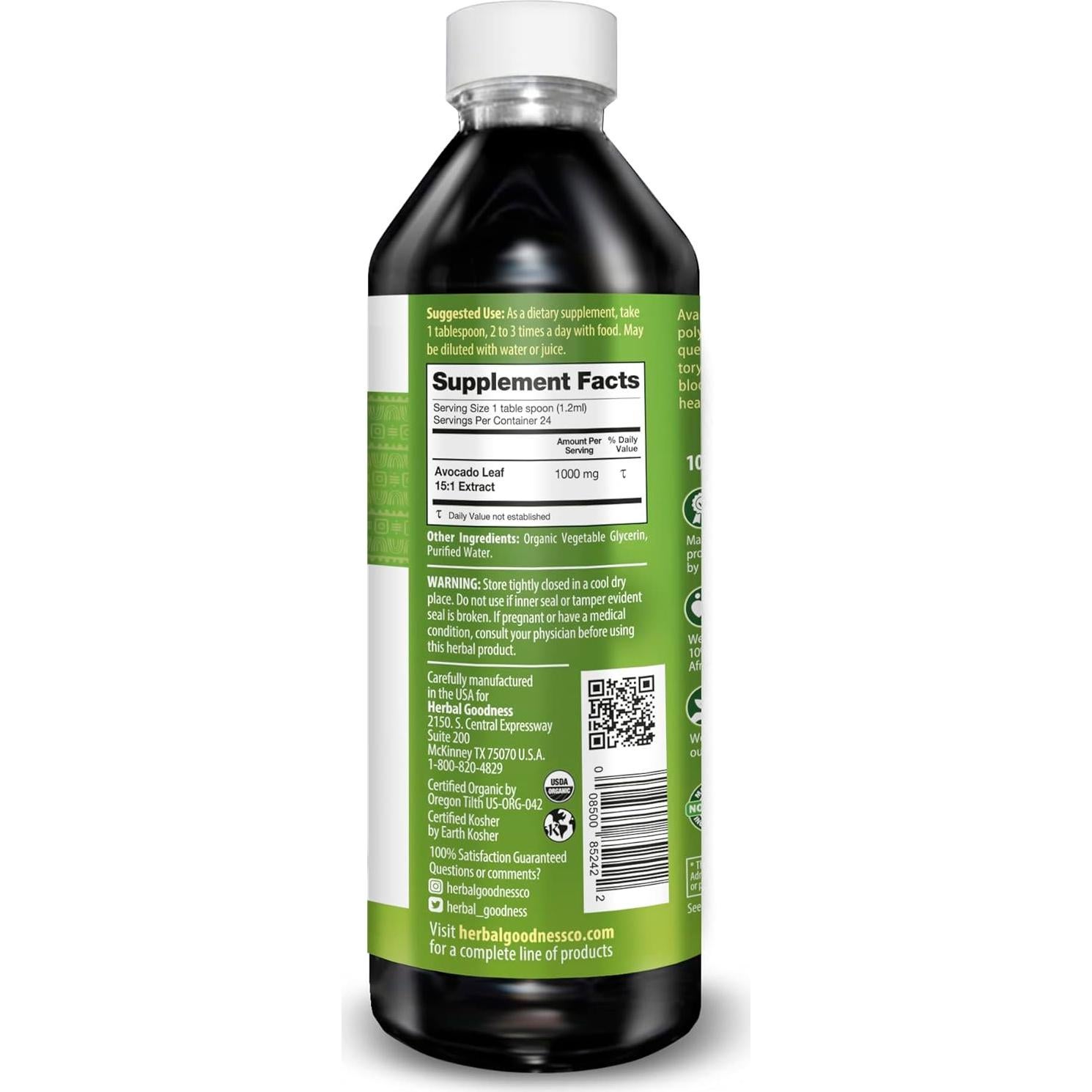 Suplemento Líquido de Extracto de Hoja de Aguacate 340ml Herbal Goodness
