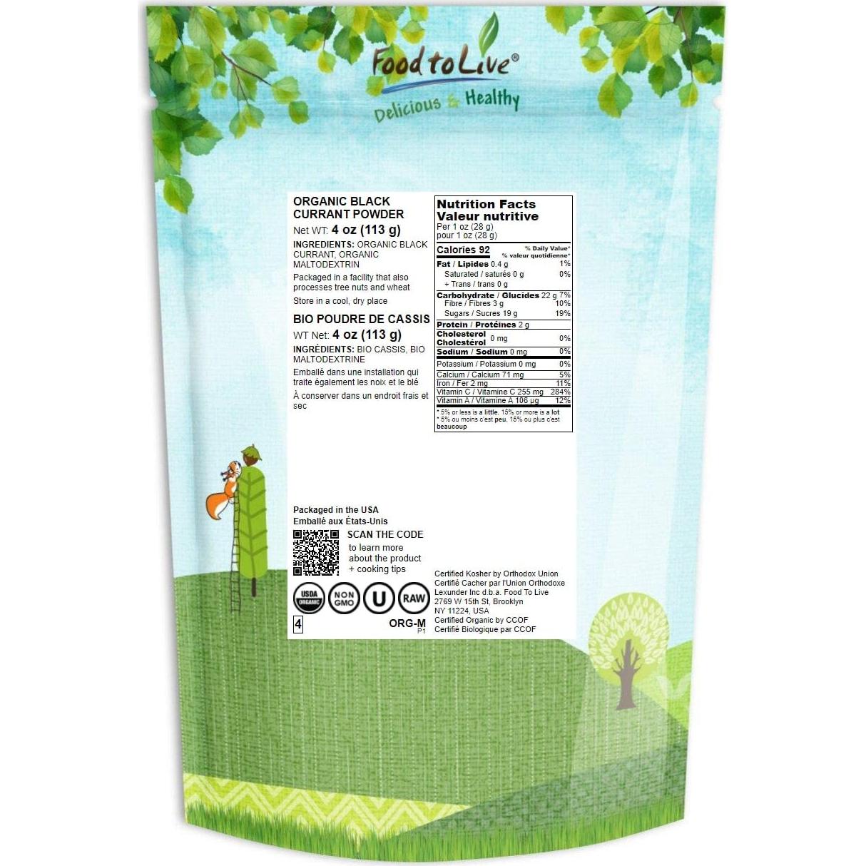 Polvo de Jugo de Grosella Negra Orgánica Food to Live 113g - Superalimento Vegano