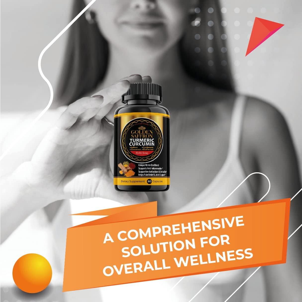 Suplemento de Cúrcuma Azafrán Dorado 1350mg - Vegano, Sin Gluten