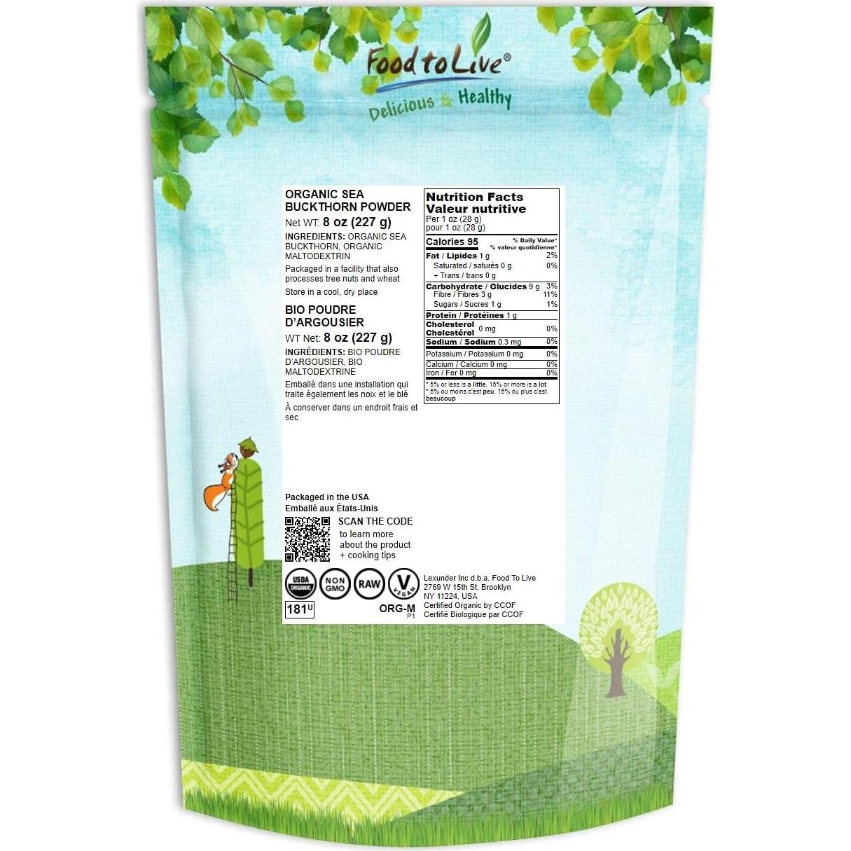 Polvo de Espino Marino Orgánico Food to Live 226g - Sin OGM, Vegano