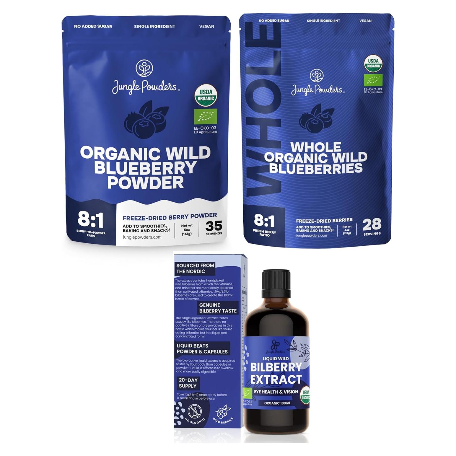 Trío de Superalimentos Orgánicos Jungle Powders - Arándanos Azules Liofilizados 113g, Polvo de Arándano Silvestre 142g y Extracto de Bilberry 100ml