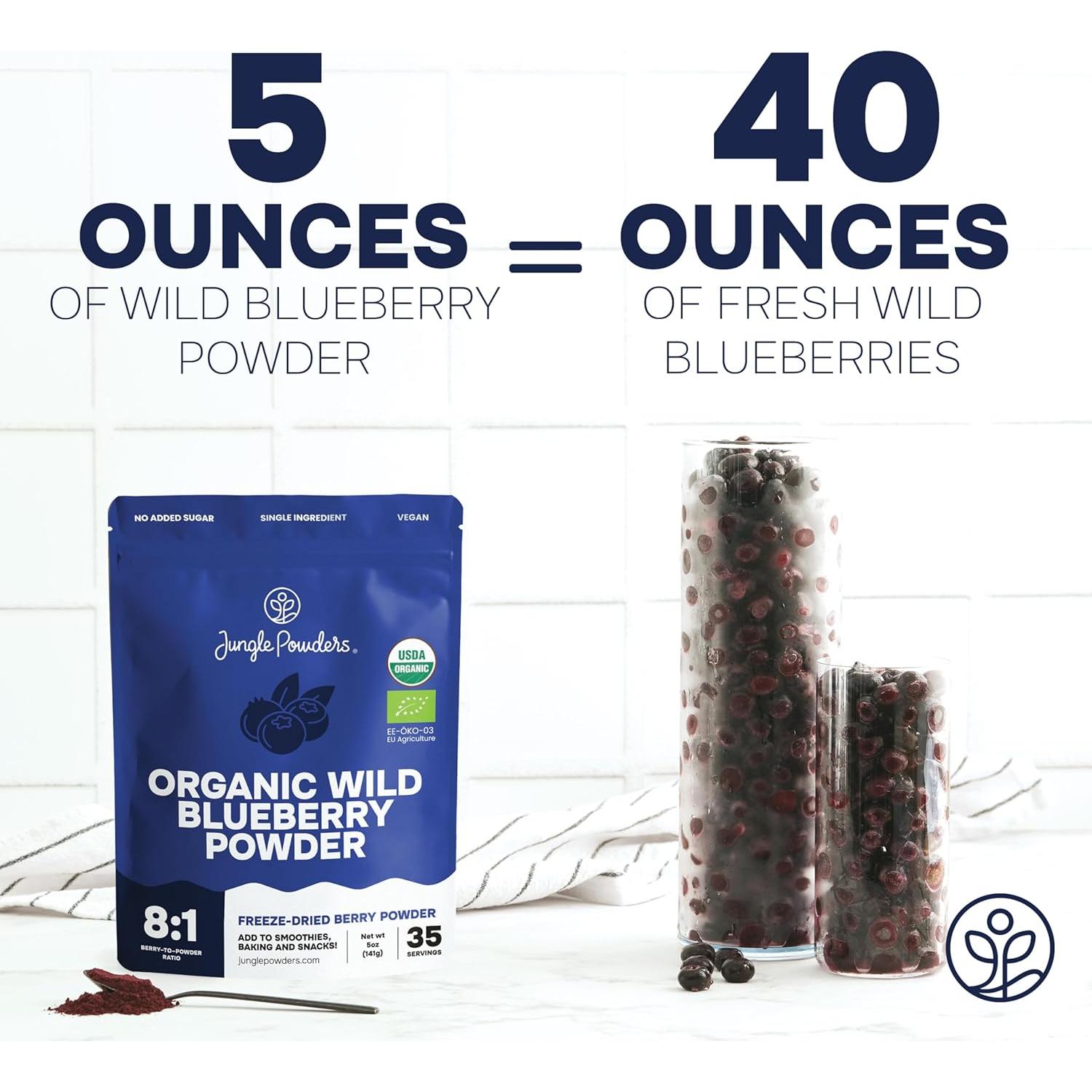 Trío de Superalimentos Orgánicos Jungle Powders - Arándanos Azules Liofilizados 113g, Polvo de Arándano Silvestre 142g y Extracto de Bilberry 100ml