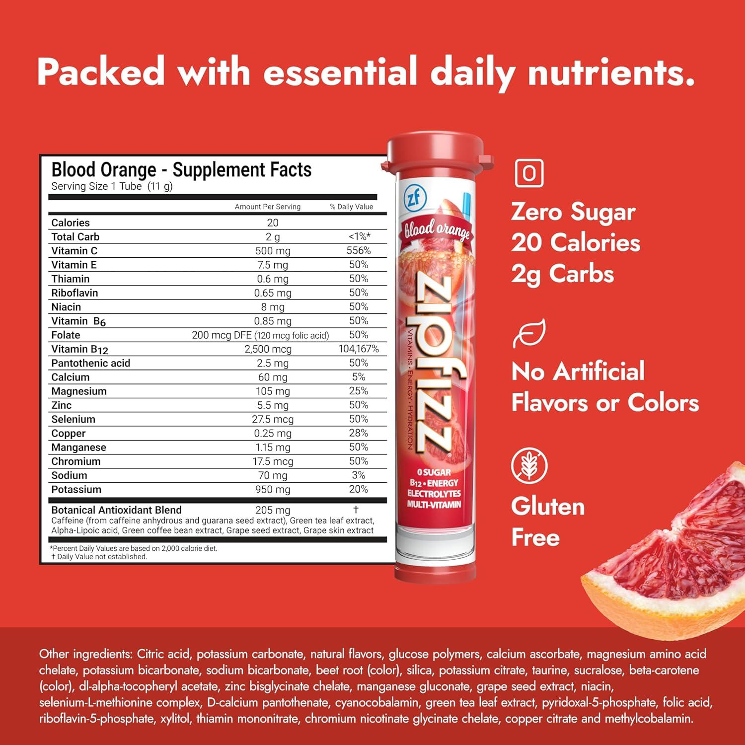 Zipfizz Bebida Energética en Polvo Naranja Sangre 20 Paquetes