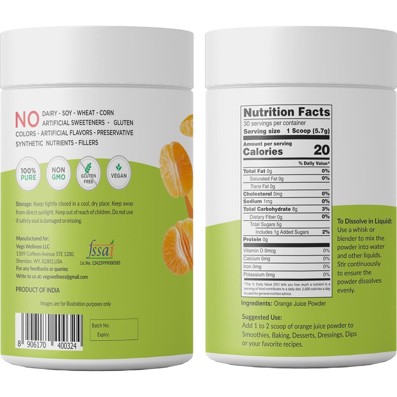 Polvo de Jugo de Naranja Vegs 170 g - Liofilizado 100% Natural