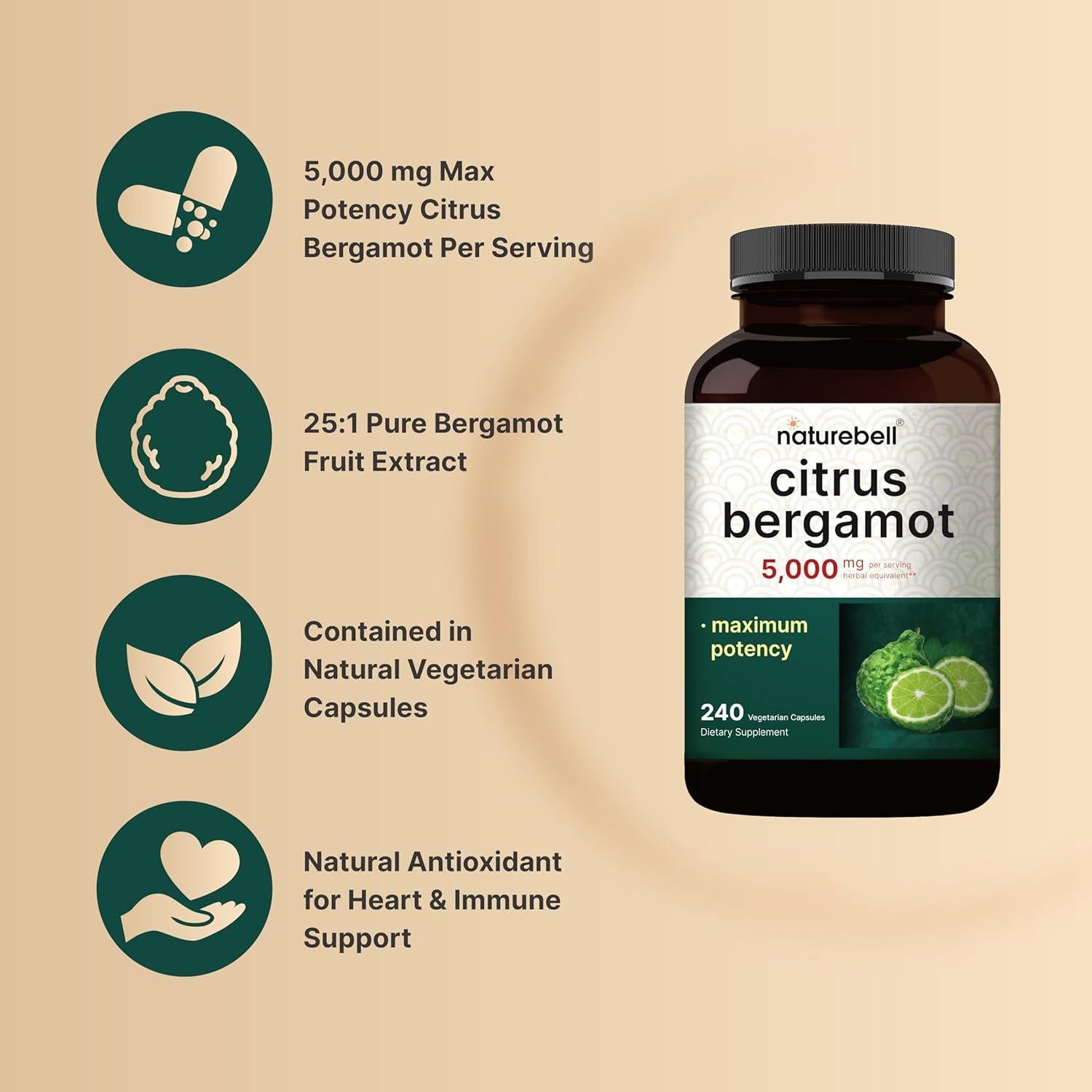 Suplemento de Bergamota Cítrica NatureBell 5000 mg 240 Cápsulas