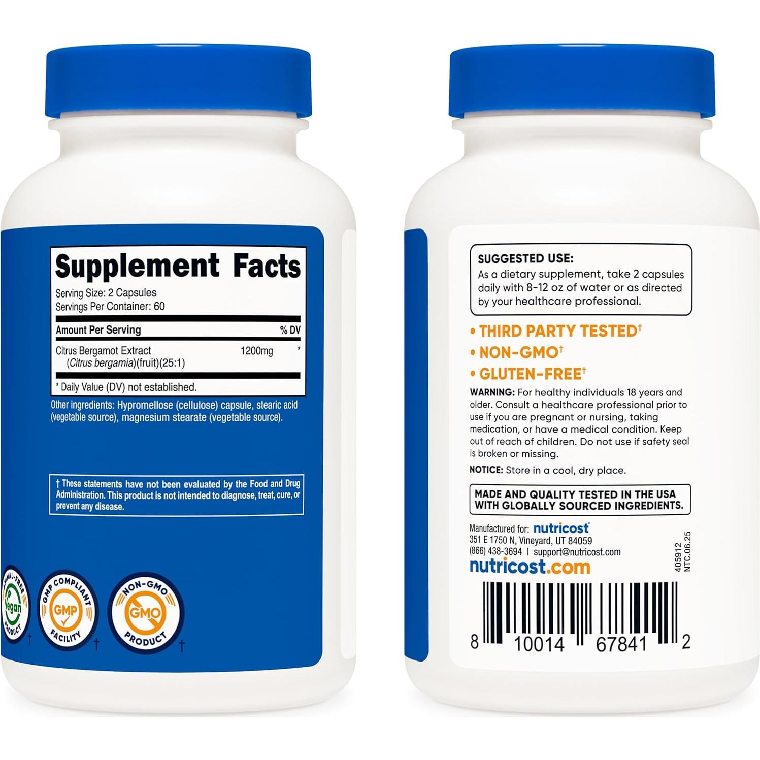 Cápsulas de Bergamota Cítrica Nutricost 120 Cápsulas 1200mg