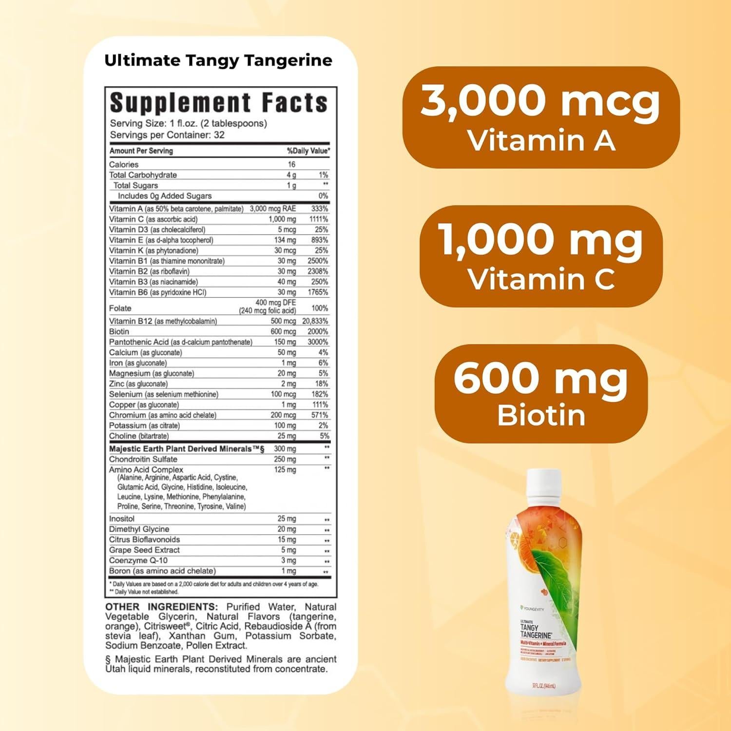 Youngevity Majestic Earth - Ultimate Tangy Tangerine 946ml - Multivitaminas líquidas sin gluten para adultos y niños