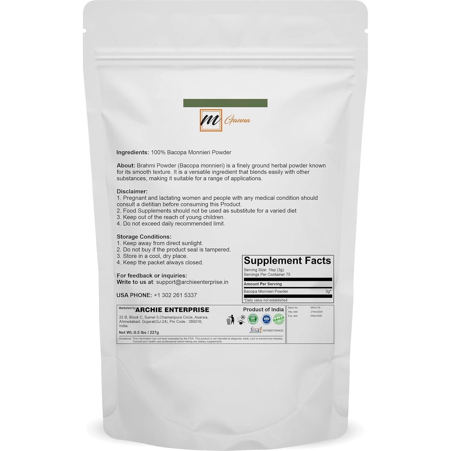 Polvo de Brahmi Natural 227g Archie Enterprise - Cuidado Capilar