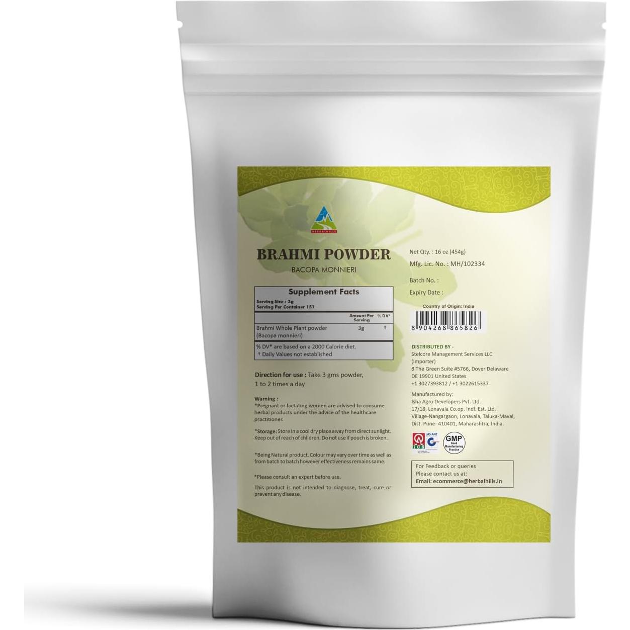 Polvo de Brahmi Herbal Hills Bacopa Monnieri 454g Cuidado Cabello