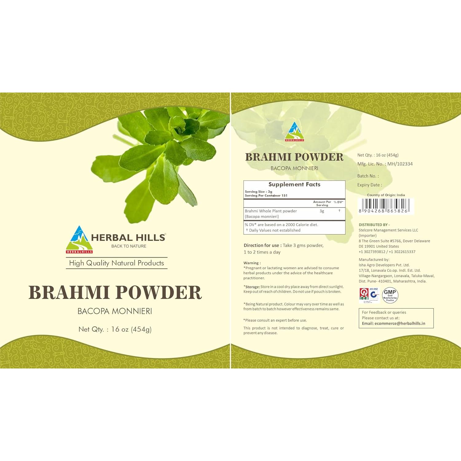 Polvo de Brahmi Herbal Hills Bacopa Monnieri 454g Cuidado Cabello