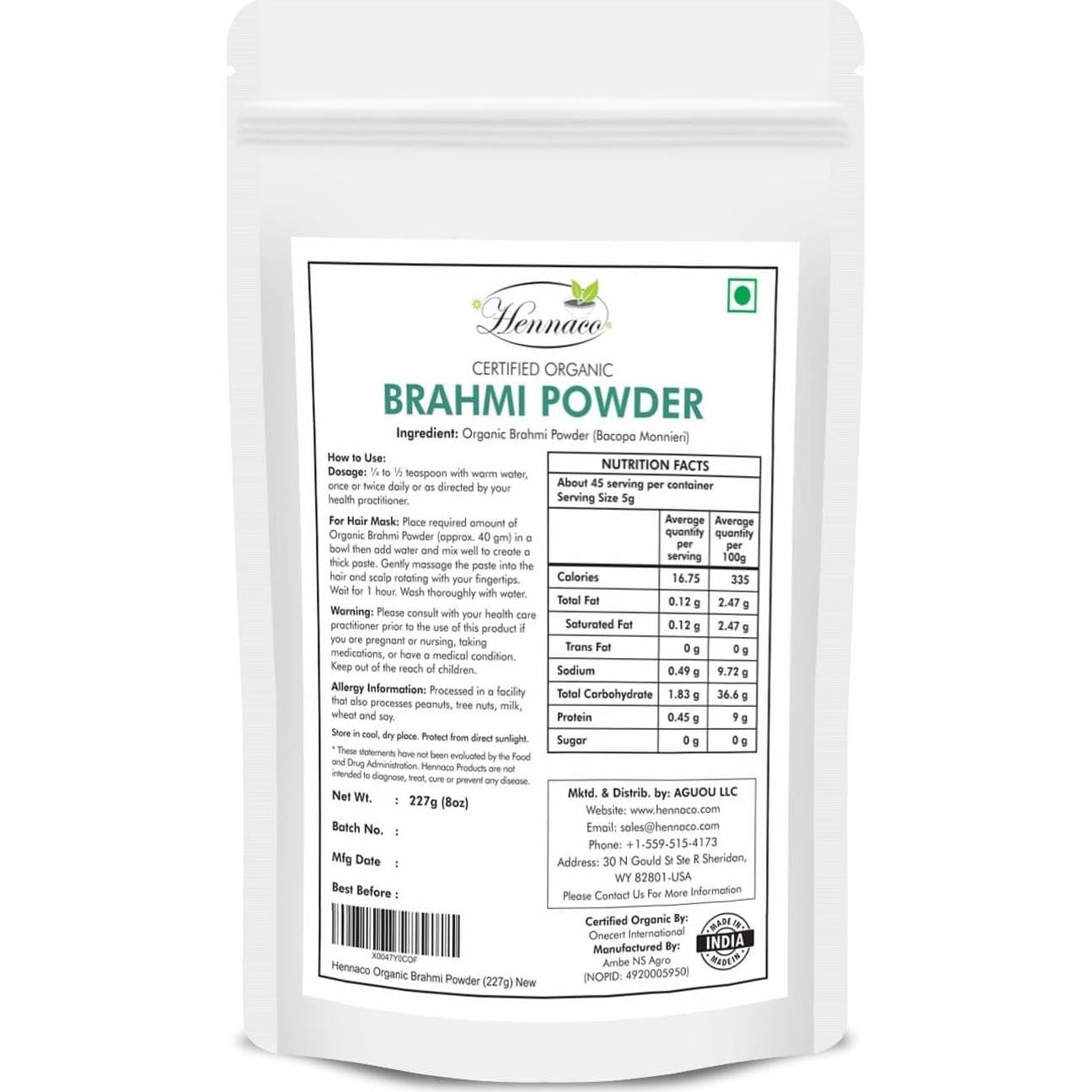 Polvo de Bacopa Hennaco 227g - Brahmi para Salud del Cabello