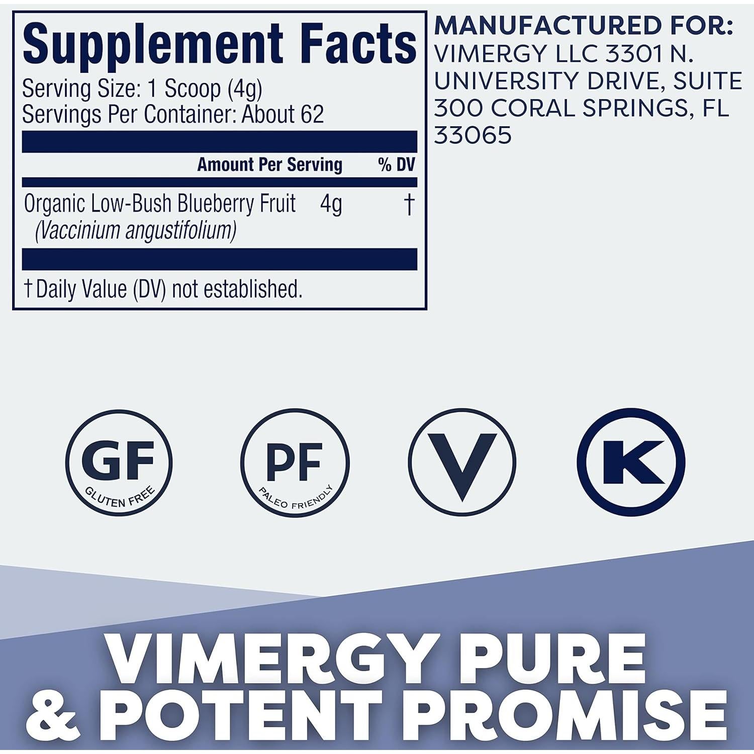 Vimergy Polvo de Arándano Silvestre Orgánico 250g - Antioxidante