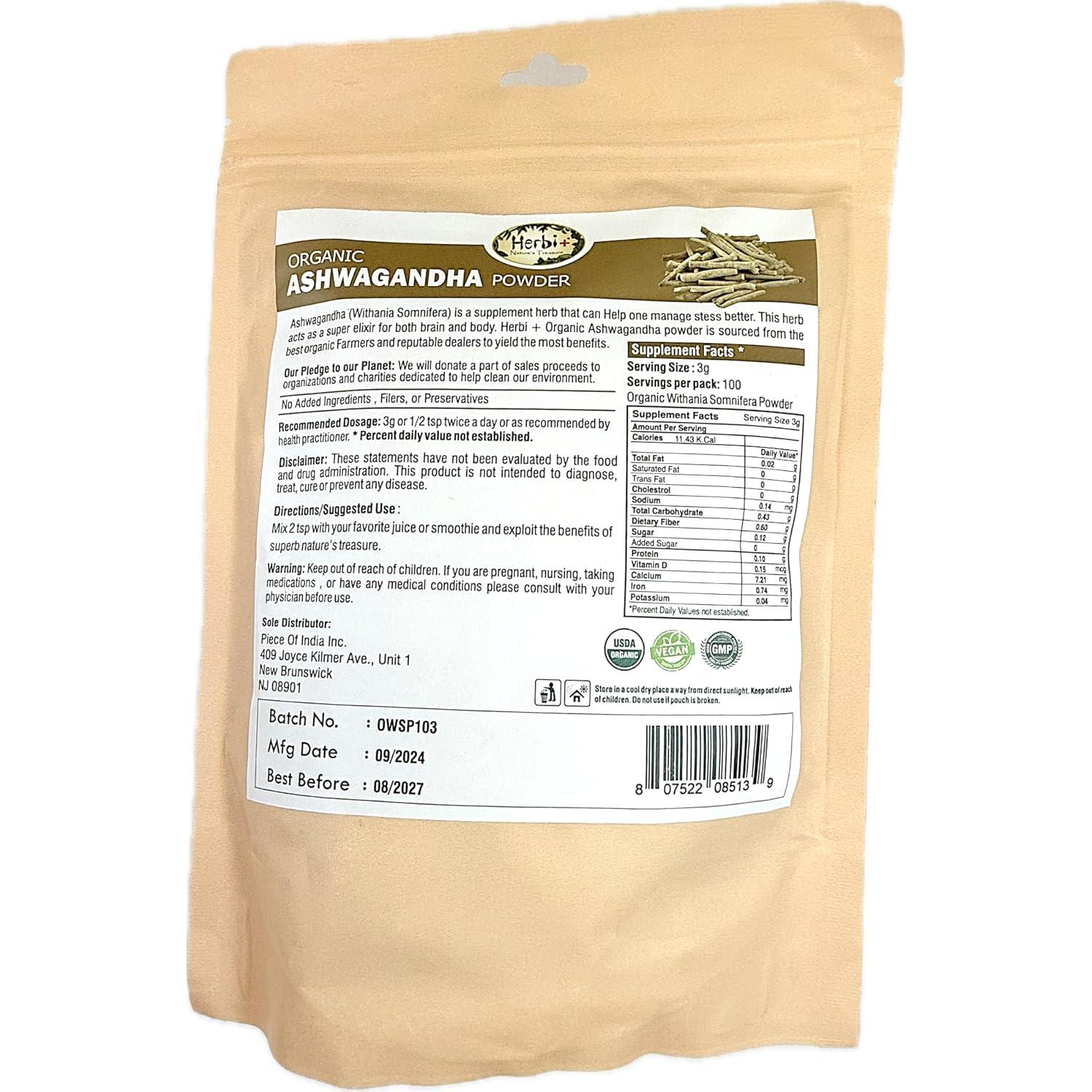 Polvo de Ashwagandha Orgánico Herbi+ 198 g - Adaptógeno Natural