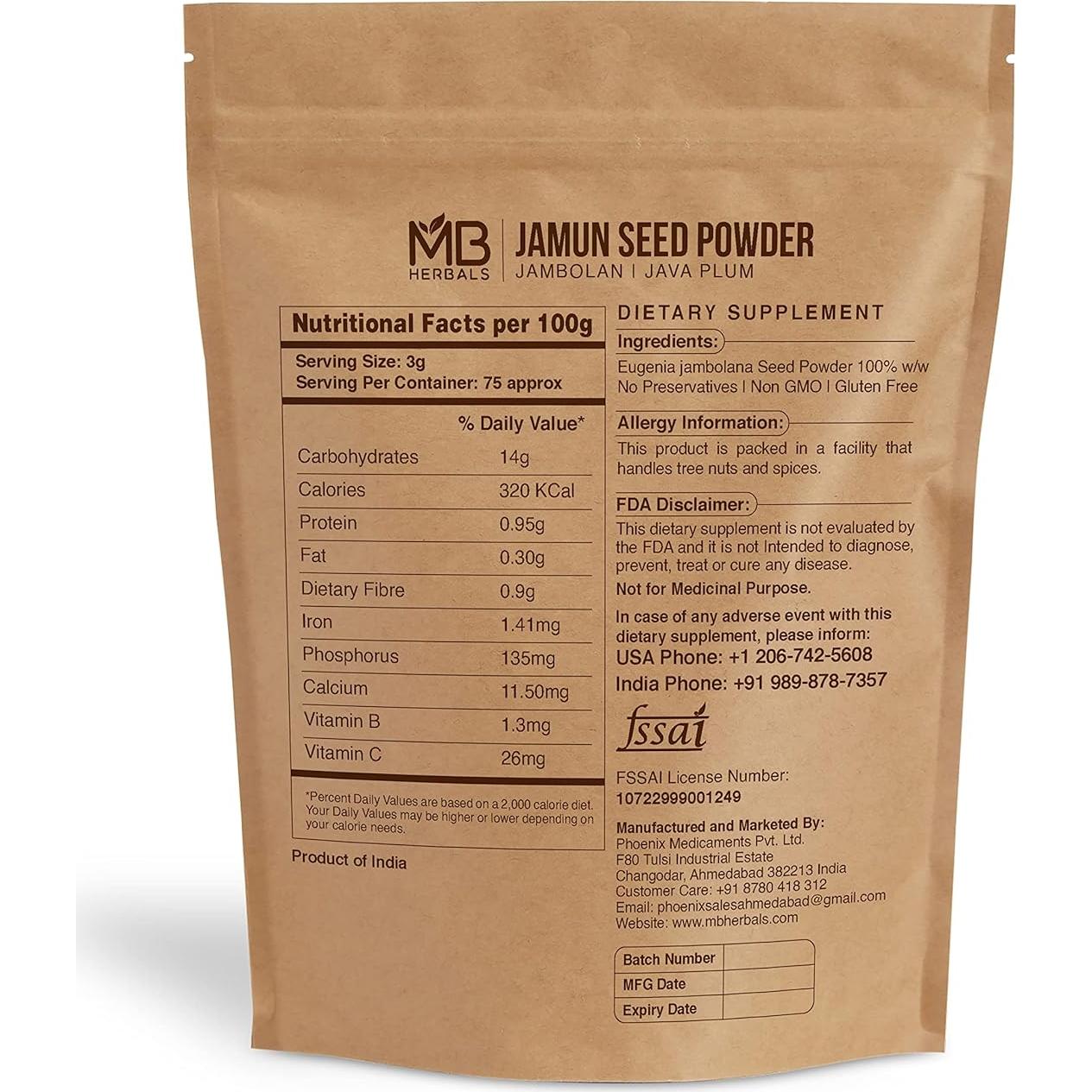 Polvo de Semilla de Jamun MB Herbals 227g - 75 Porciones