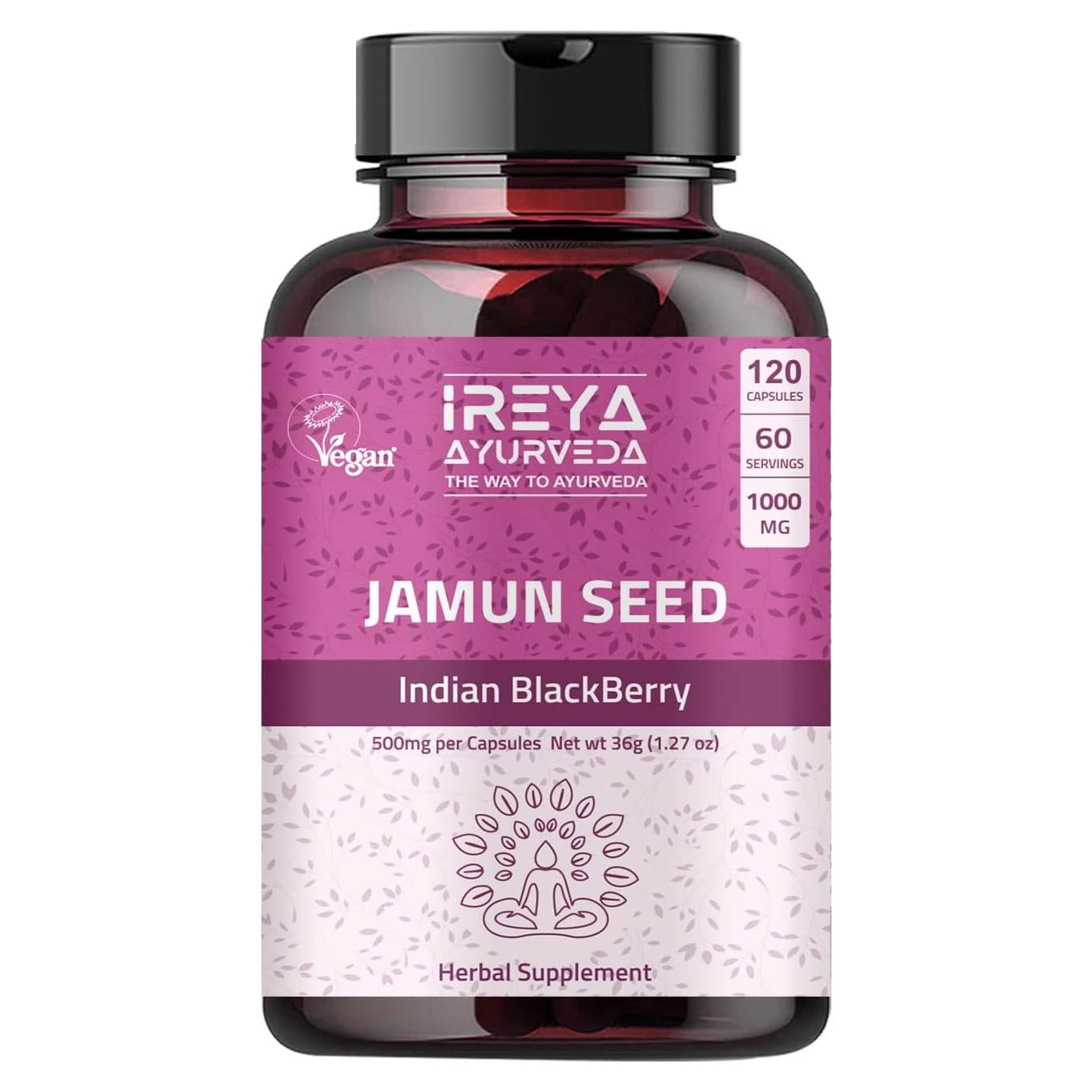 Semillas de Jamun Orgánicas Ireya Ayurveda 1000mg 120 Cápsulas