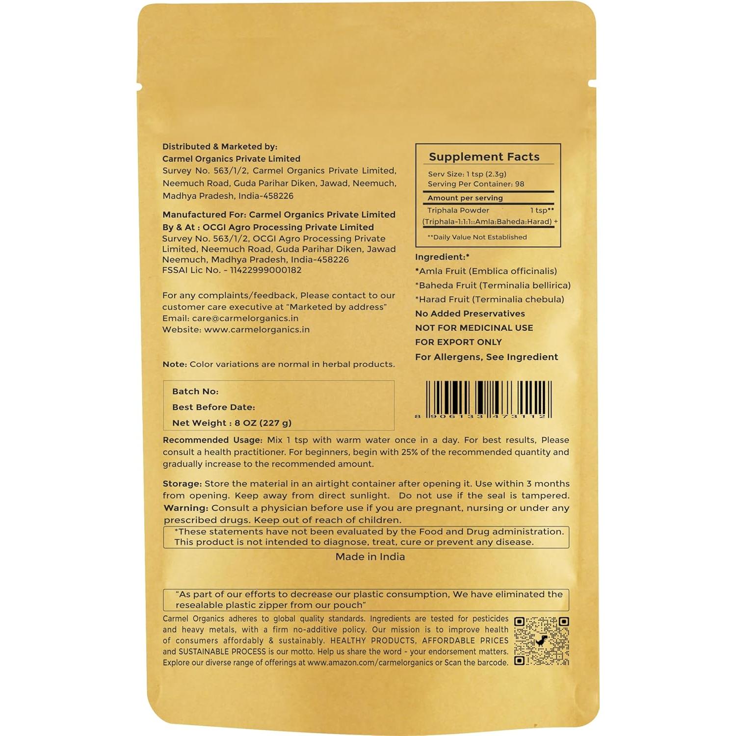 Polvo de Triphala 227g Carmel Organics | Soporte Digestivo