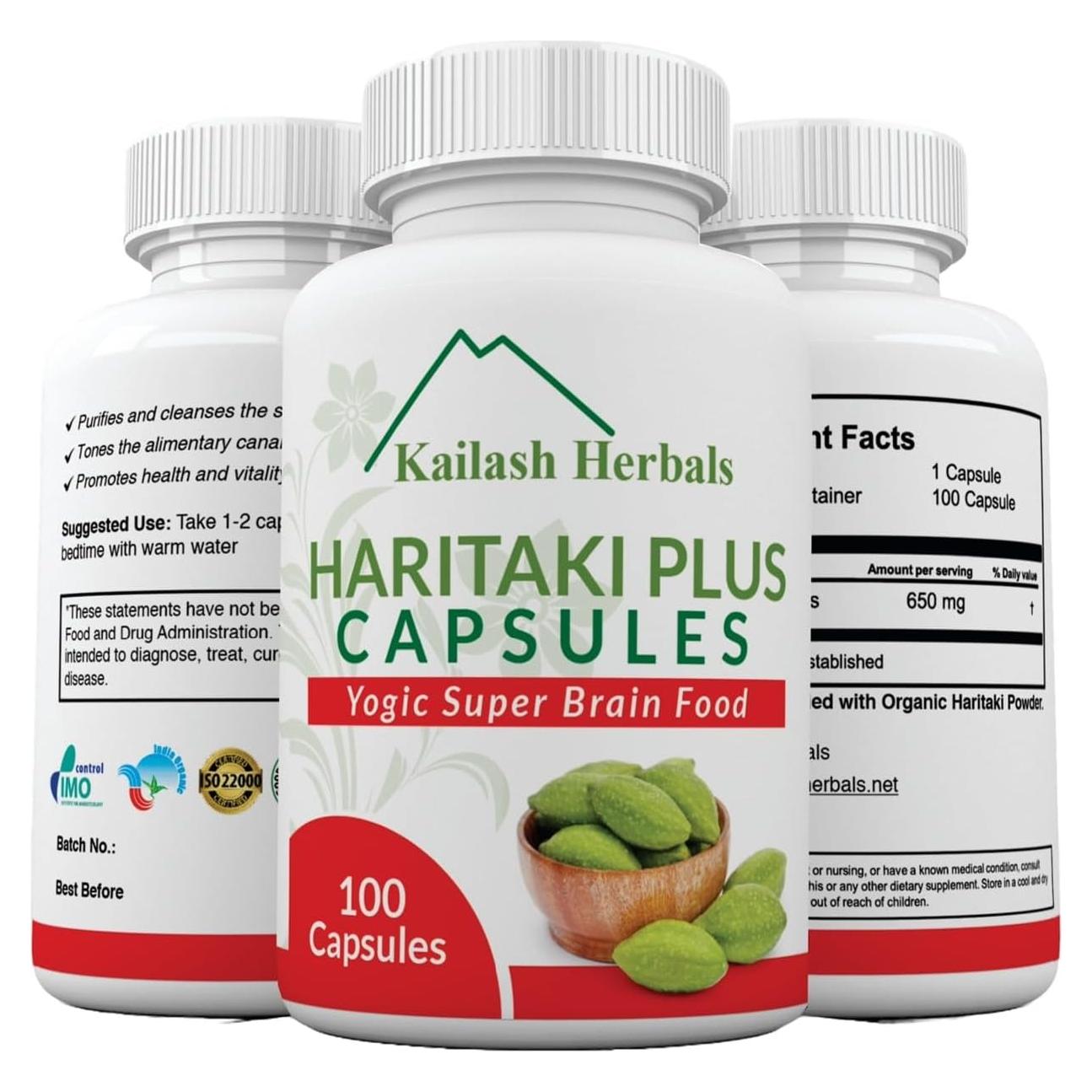 Cápsulas de Haritaki Orgánico Kailash Herbals - 100 Unidades - Mejora Digestión y Función Cerebral