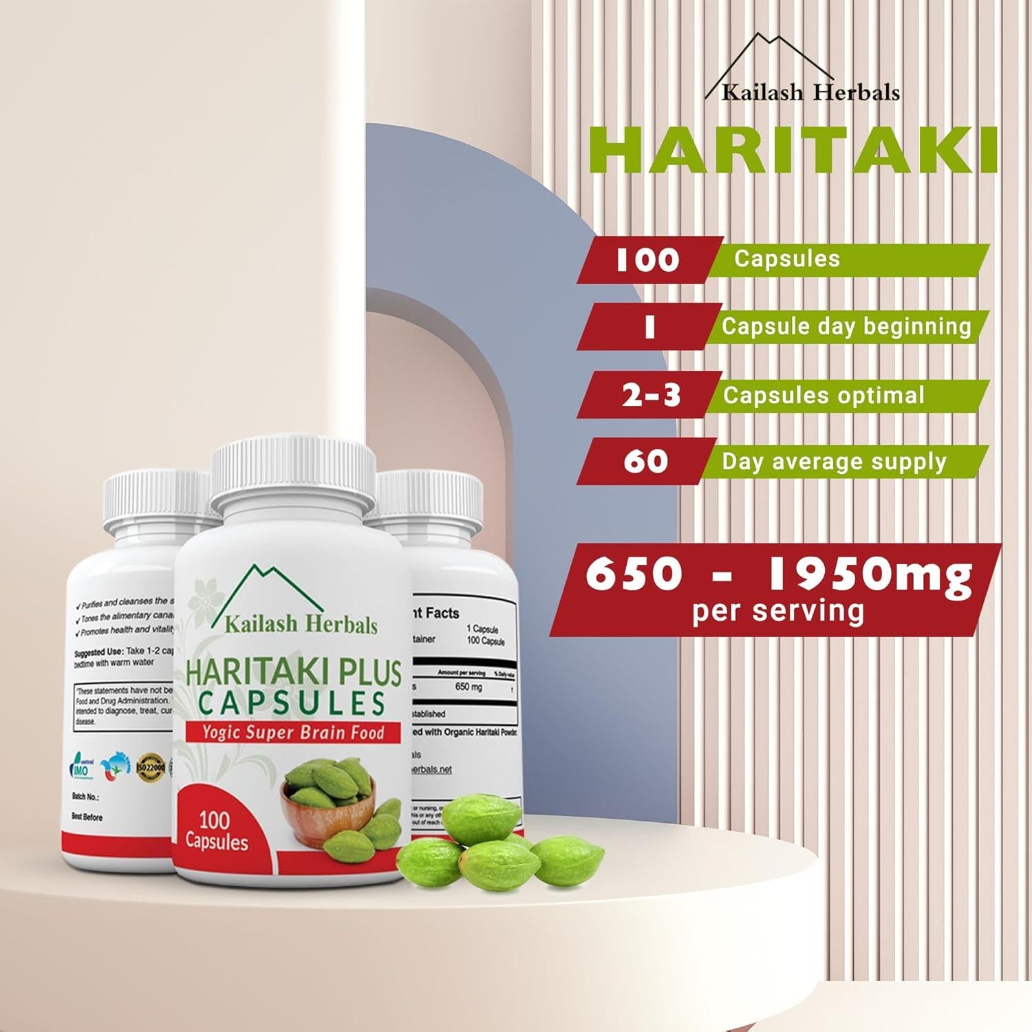 Cápsulas de Haritaki Orgánico Kailash Herbals - 100 Unidades - Mejora Digestión y Función Cerebral