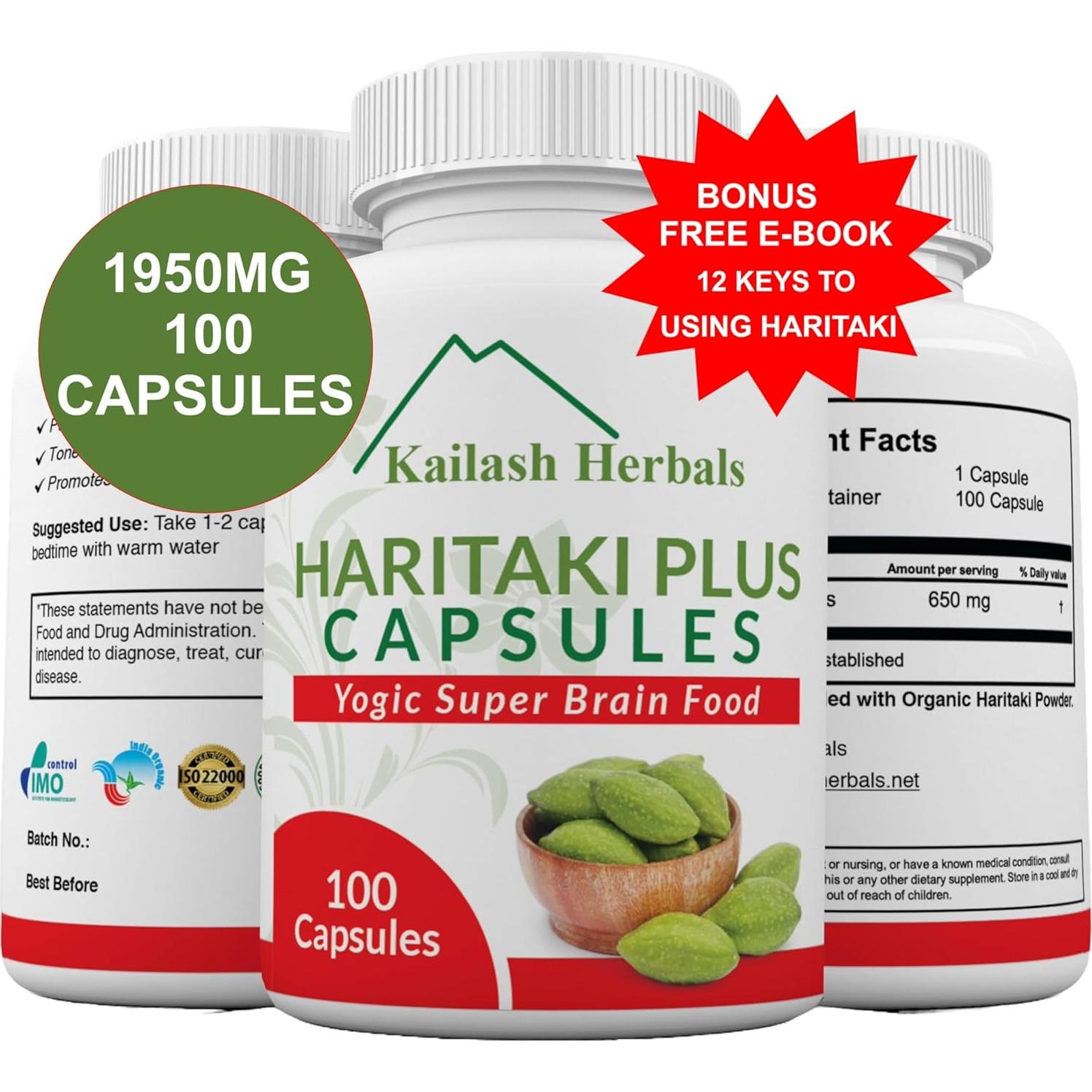 Cápsulas de Haritaki Orgánico Kailash Herbals - 100 Unidades - Mejora Digestión y Función Cerebral