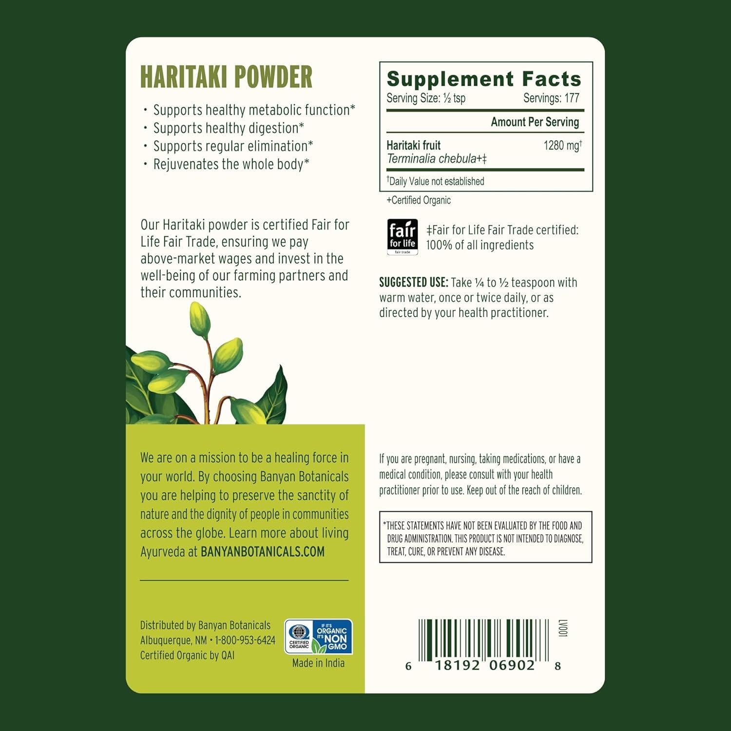 Polvo de Haritaki Orgánico Banyan Botanicals 226.8 g - Suplemento Digestivo