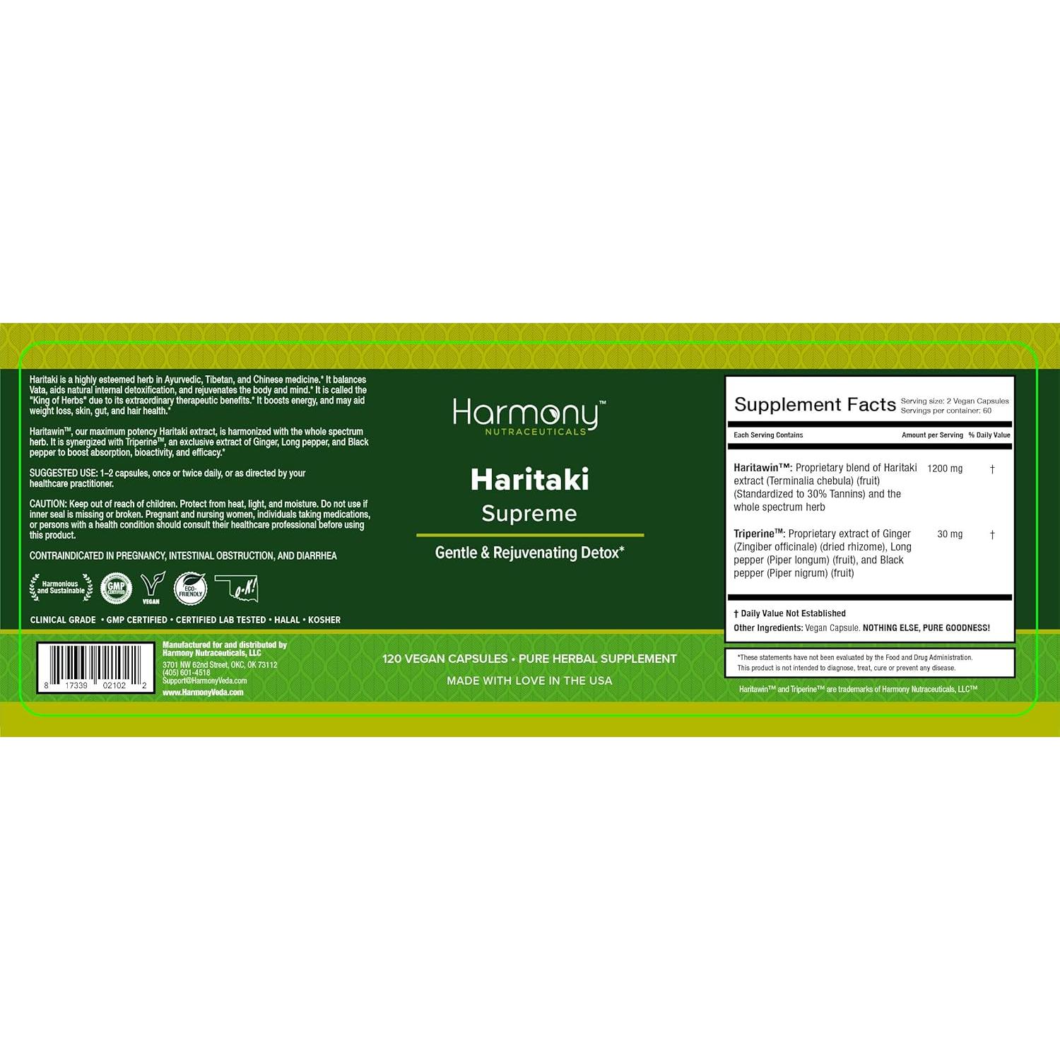 Haritaki Supremo Grado Clínico Harmony Nutraceuticals 120 Cápsulas Veganas