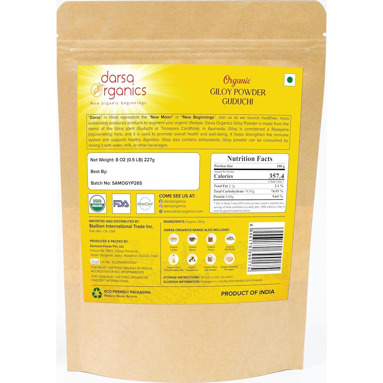 Polvo de Giloy Orgánico Darsa 227 g - Hierba Ayurvédica para Inmunidad
