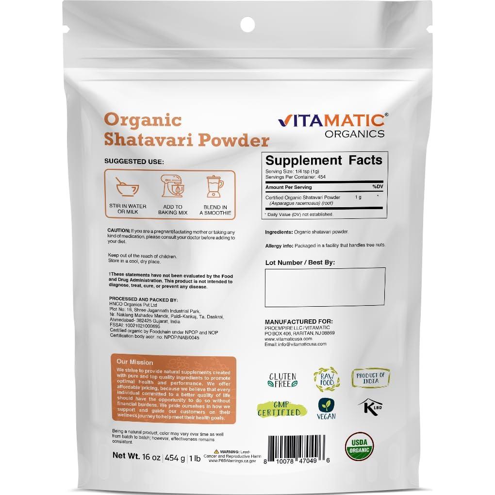 Polvo de Shatavari Orgánico Vitamatic 450g - Salud de la Mujer