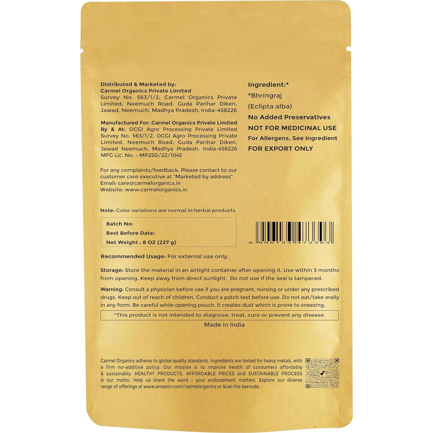 Polvo de Bhringraj 227g CARMEL ORGANICS - Cuidado Natural Cabello