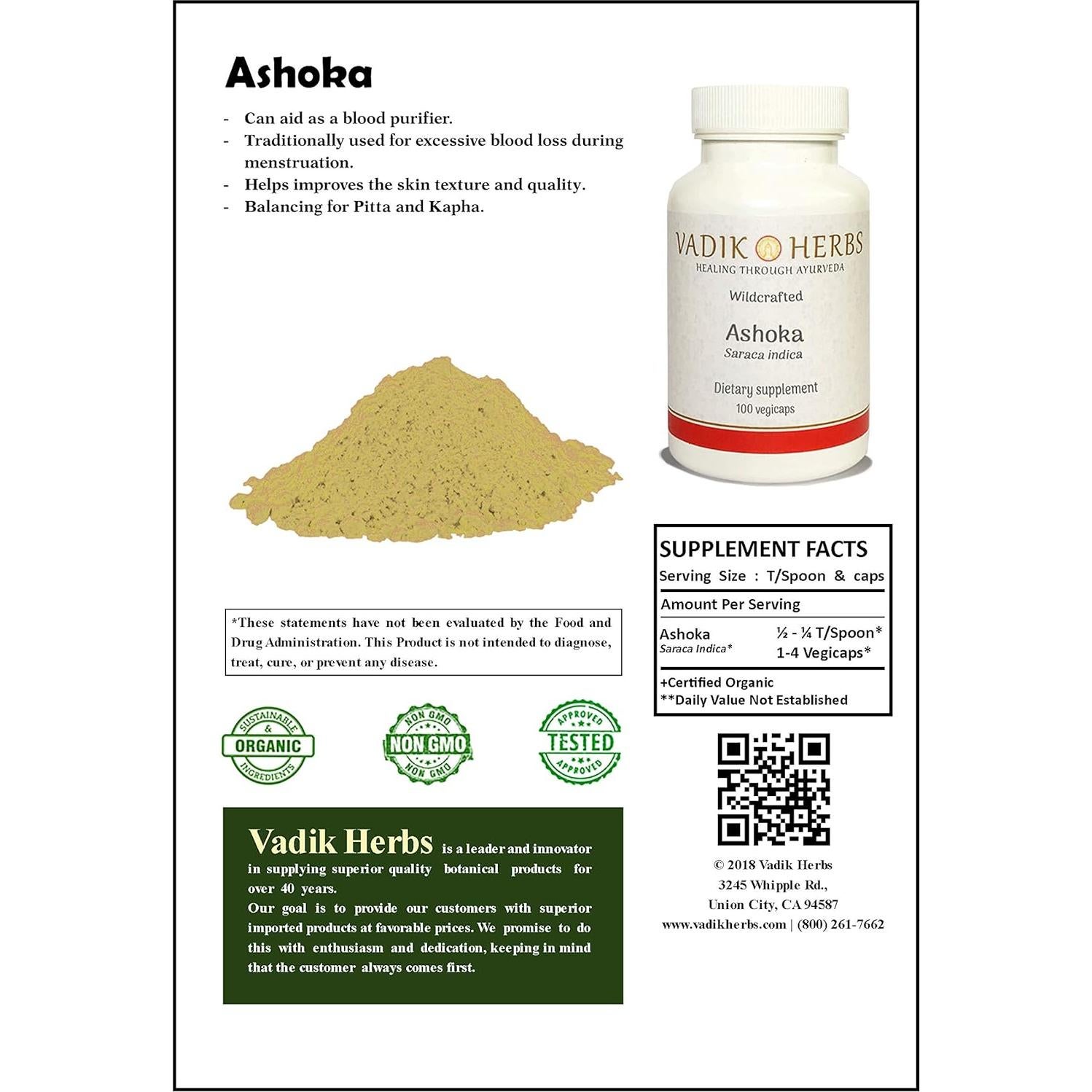 Corteza de Ashoka Orgánica Vadik Herbs 450g - Purificador de Sangre