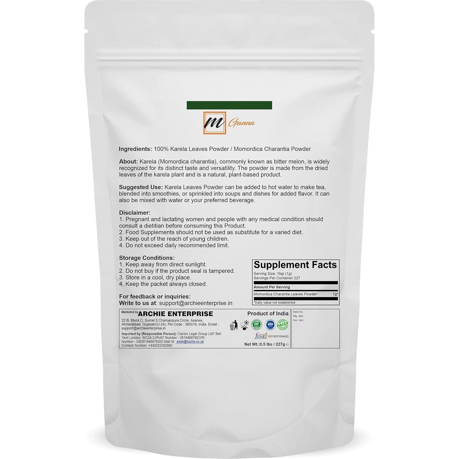 Polvo de Hojas de Karela 227g mGanna - 100% Natural y Puro