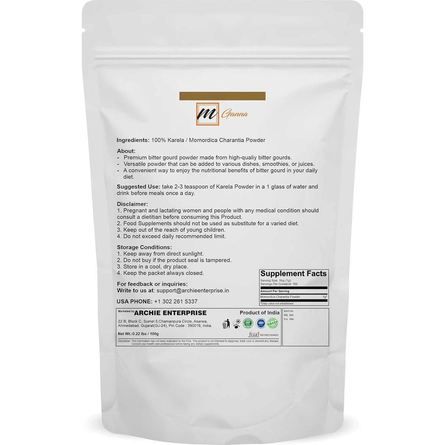 Pulver de Karela 100% Natural mGanna 0.1 kg - Melón Amargo