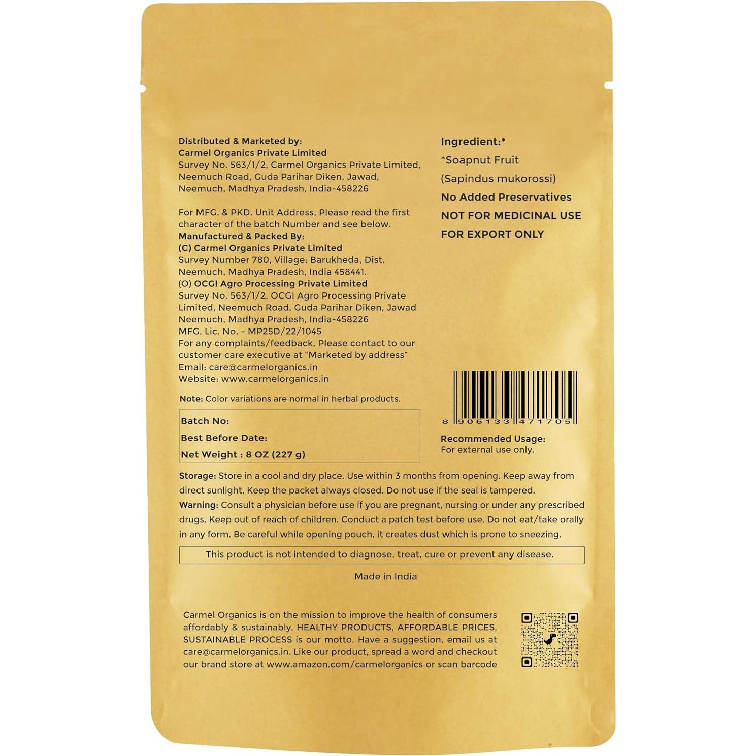 Polvo de Nuez de Jabón Carmel Organics 227g Natural Sin Aditivos