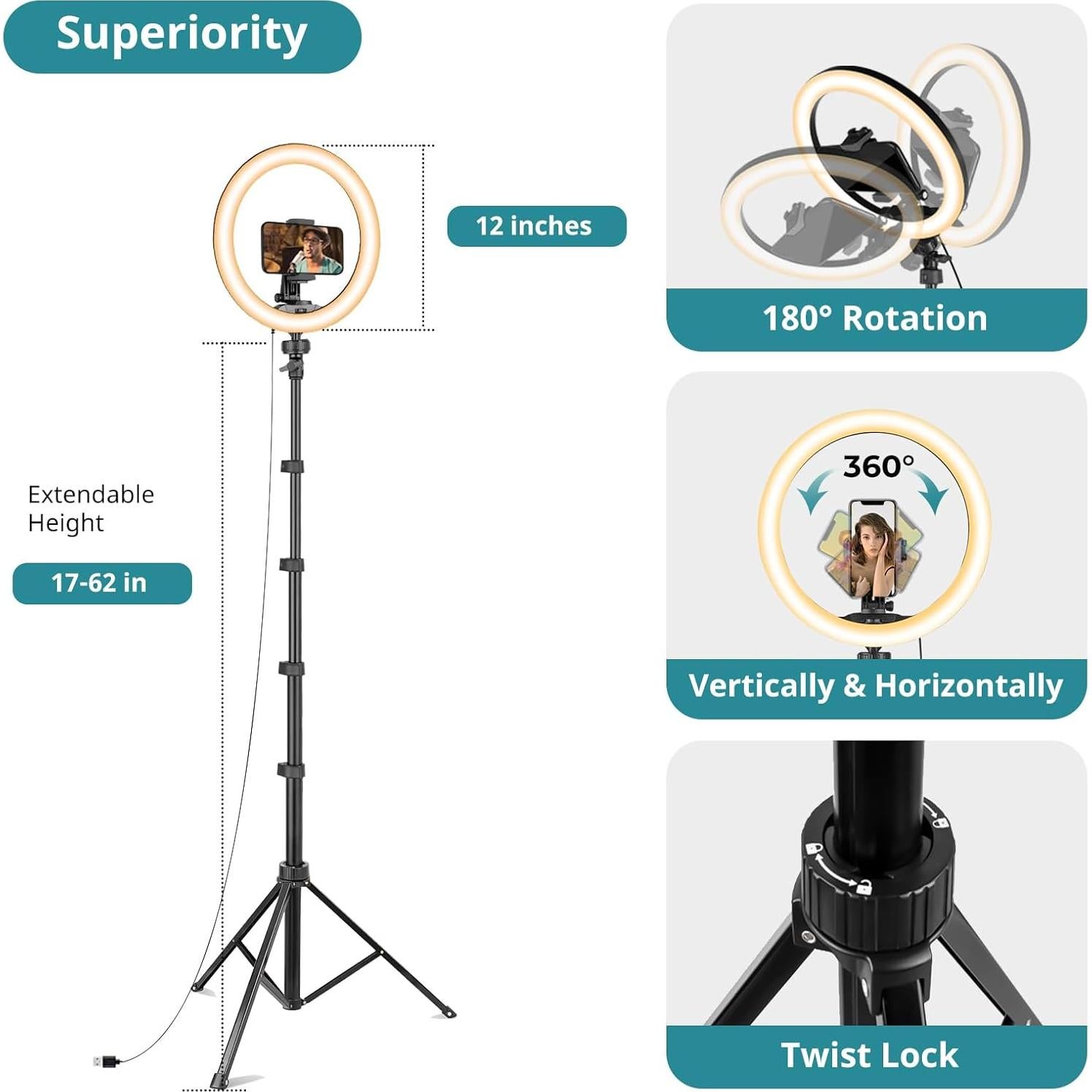 Eicaus 12" Ring Light with Tripod Stand and Phone Holder,Selfie LED Lighting with 62" Phone and Stand,Circle Ringlight for Photography,TIK Tok and YouTube,Compatible with iPhone, Android and Cameras